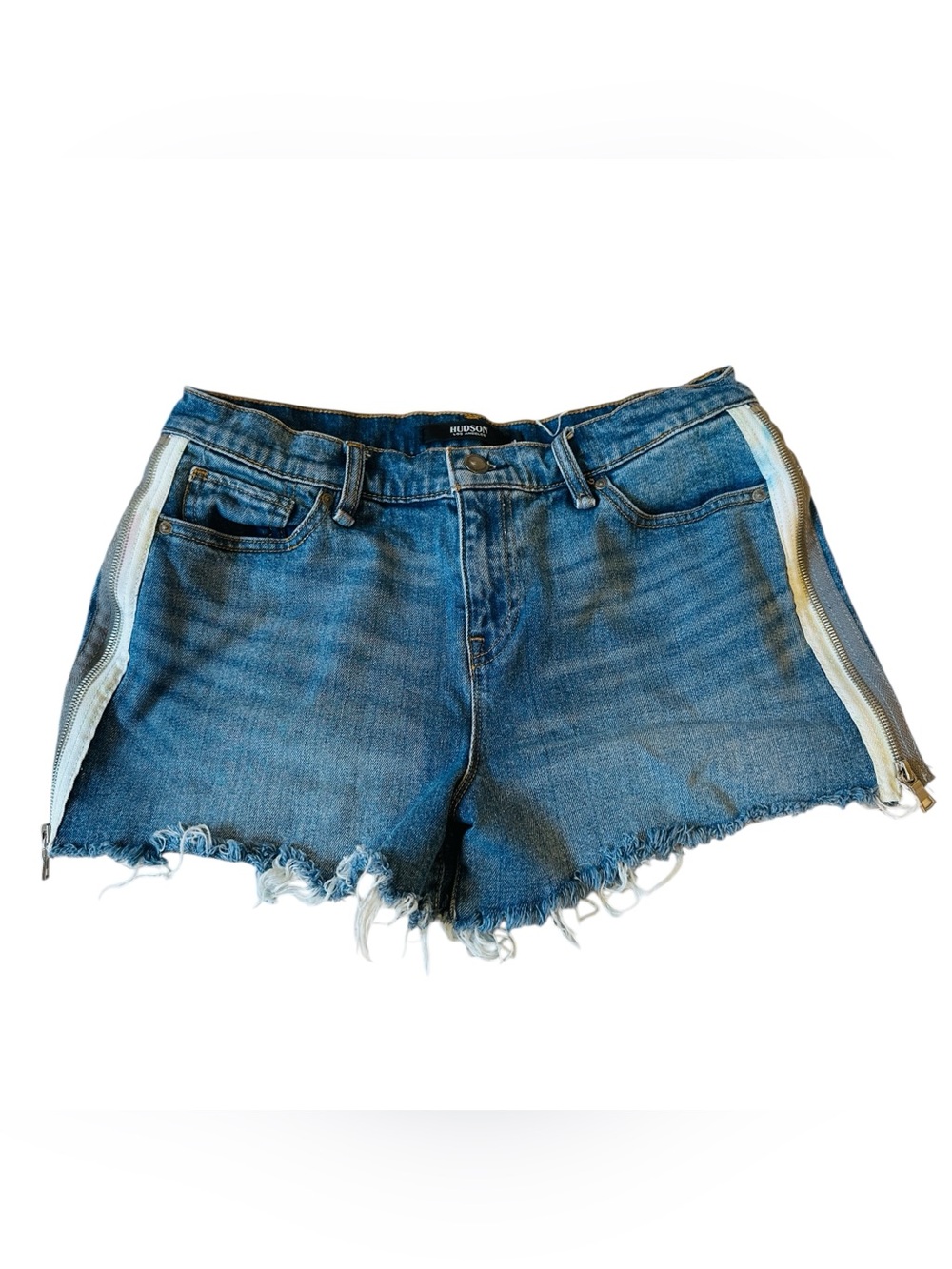 Hudson Women Gemma shorts side stripes zippers frayed hem Sz28 Blue Jorts Summer